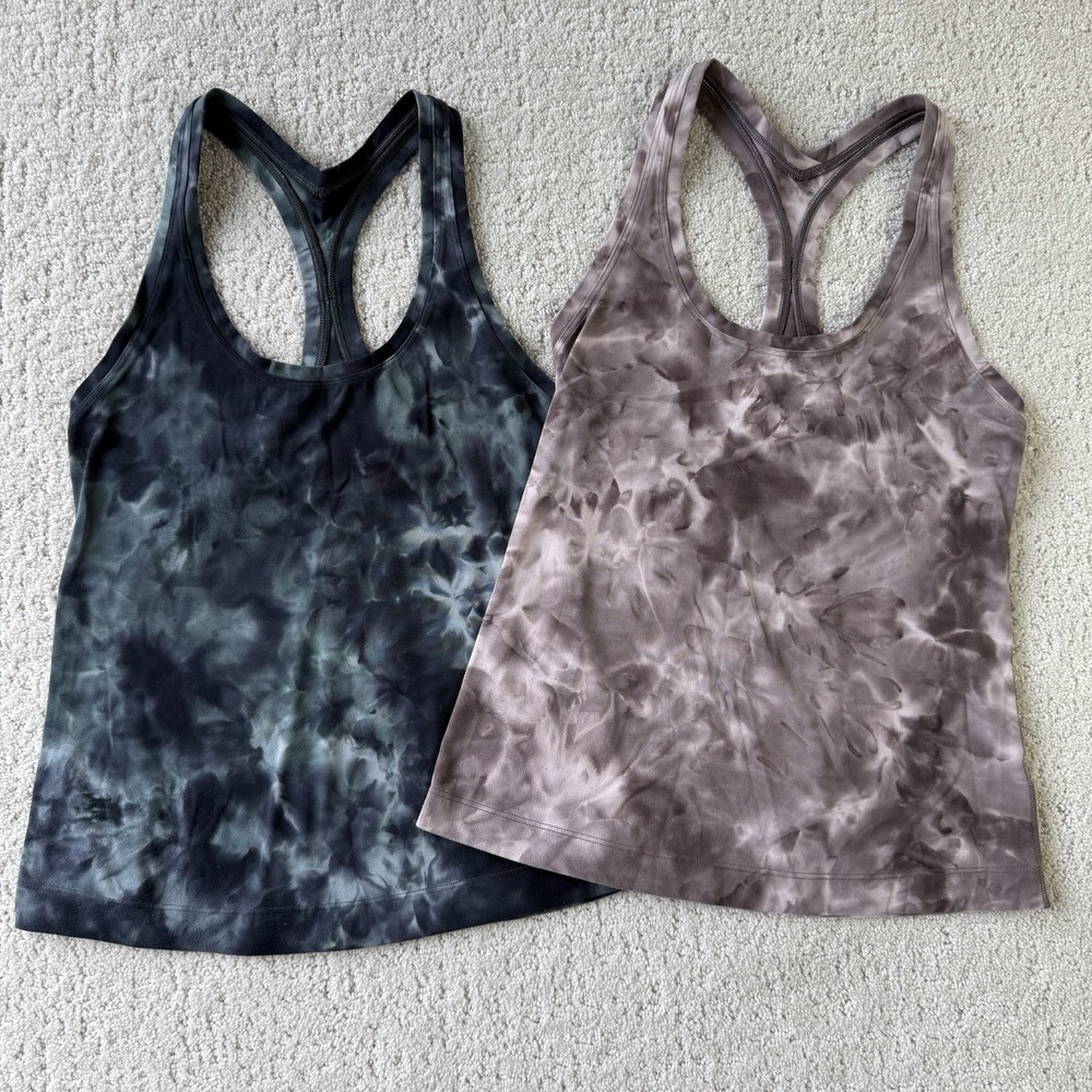 2 Lululemon Cool Racerback Short Tank Tops Size 4? Nulu Diamond Dye Navy & Berry